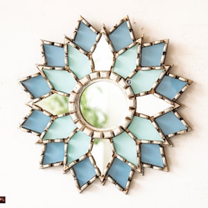 Light Blue Mandala Mirror wall decor 12.2&quot;, Mandala mirror for nursery wall art, Peruvian Accent Wooden Mandala room decor &quot;Love Mandala&quot;