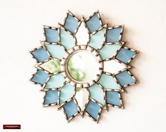 Light Blue Mandala Mirror wall decor 12.2&quot;, Mandala mirror for nursery wall art, Peruvian Accent Wooden Mandala room decor &quot;Love Mandala&quot;