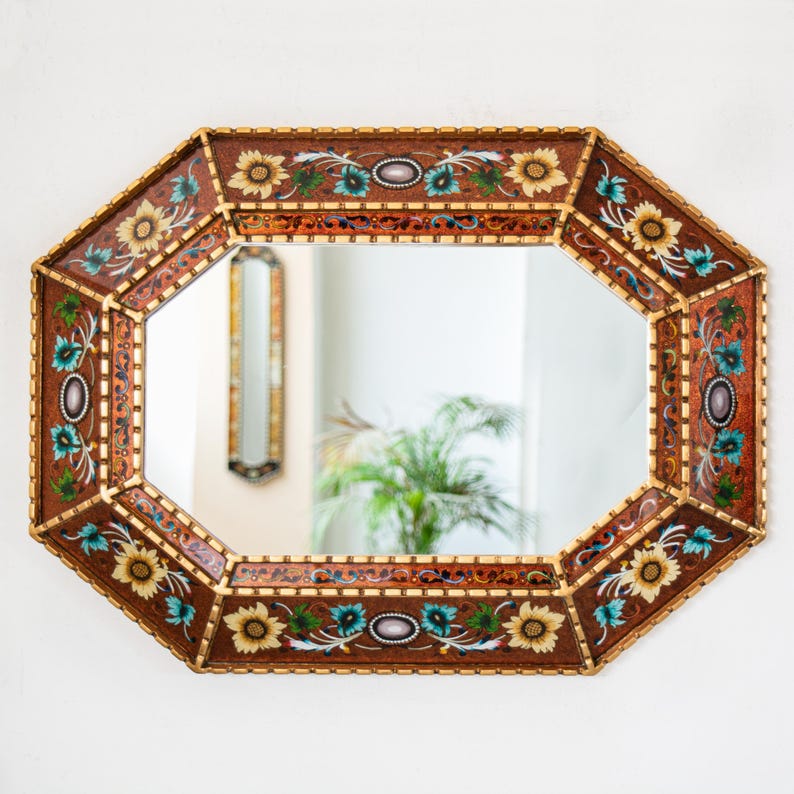 Grote gouden achthoekige bolle spiegel 29"- Peruaanse handgeschilderde glazen bloemenwanddecoratie kunst aan de muur - luxe woonkameraccentstuk | VS Geen verplichtingen afbeelding 6
