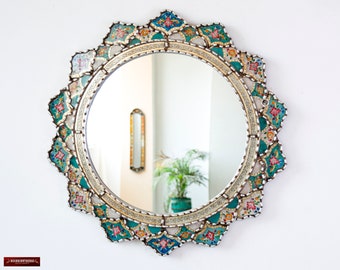 Decorative Round Mirror 23.6in", Peruvian Wall Accent Mirrors for wall decor, Painting on glass Hanging Wall Mirror living room, Bathroom