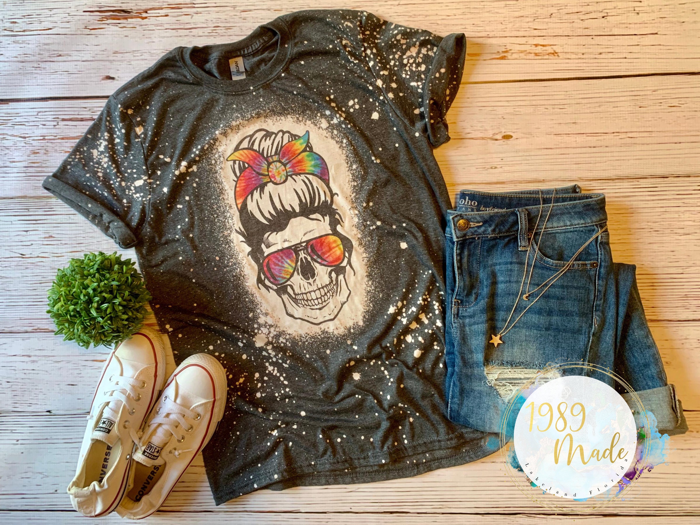 Tie-dyed Skull Bleached Dyed Shirt, Acid wash Skull Shirt