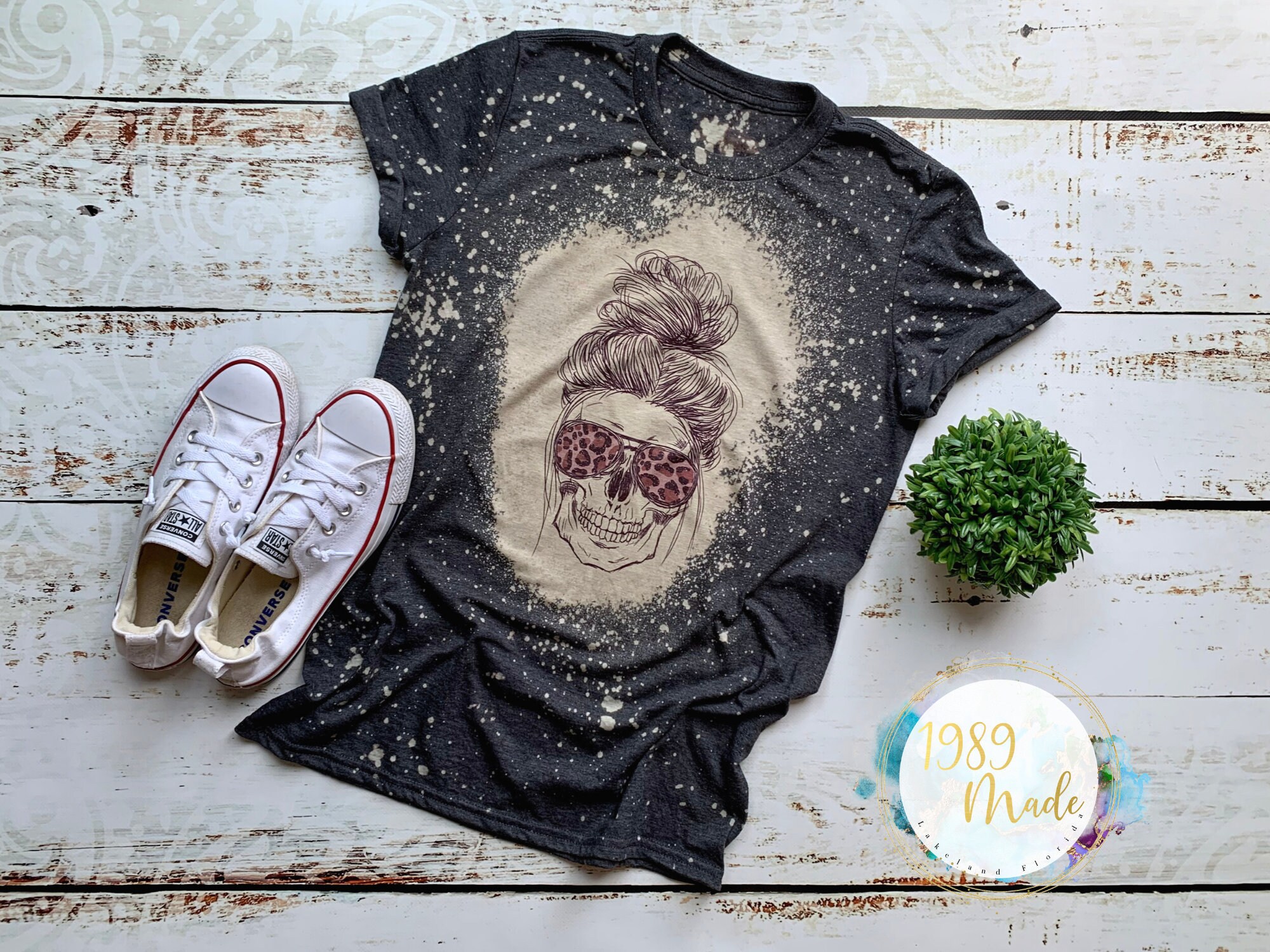 Vintage Bleach dye skull Tee, Messy bun skull Shirt