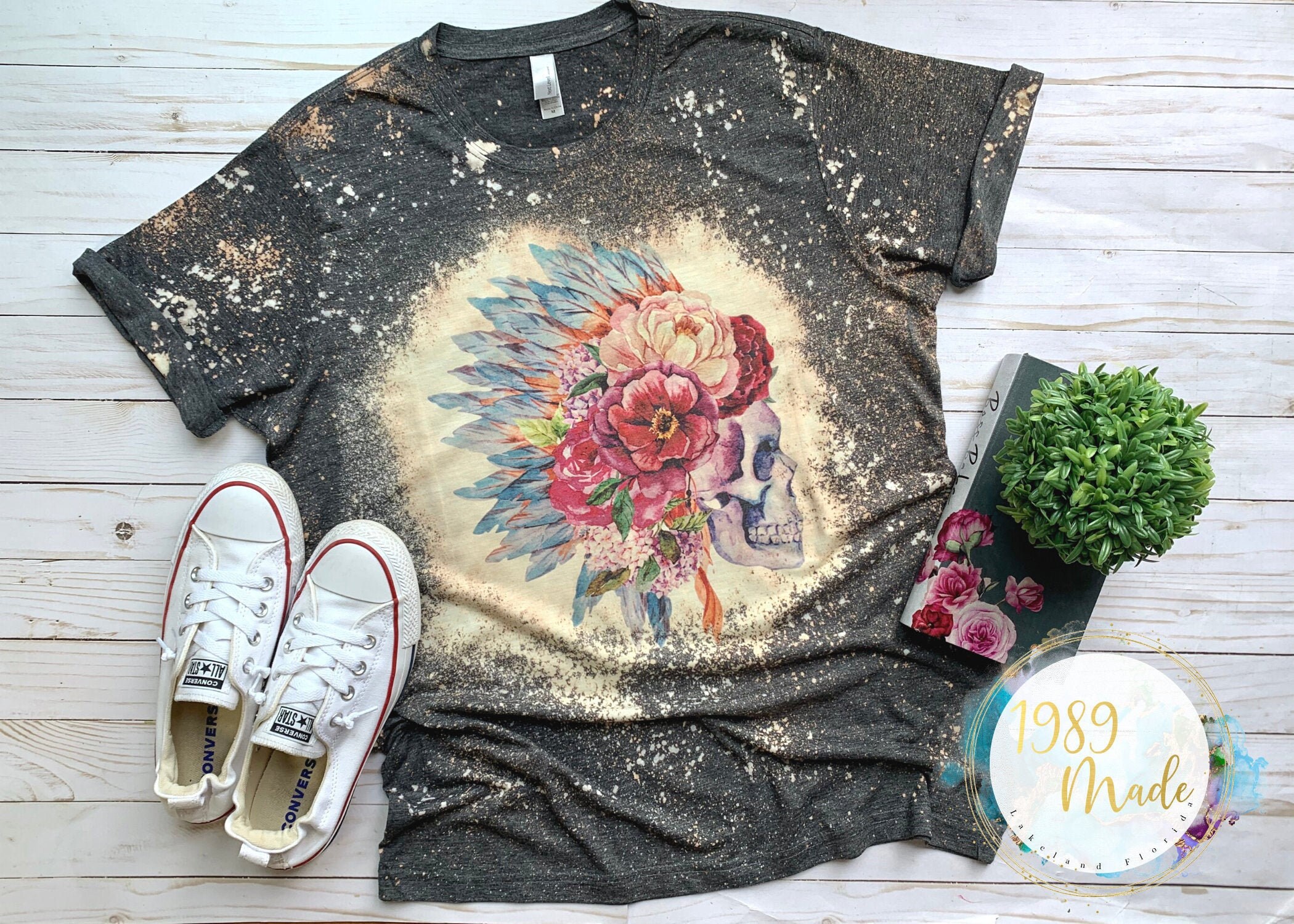 Vintage Boho Graphic Tee, Skull bleach dye, acid wash headdress tee