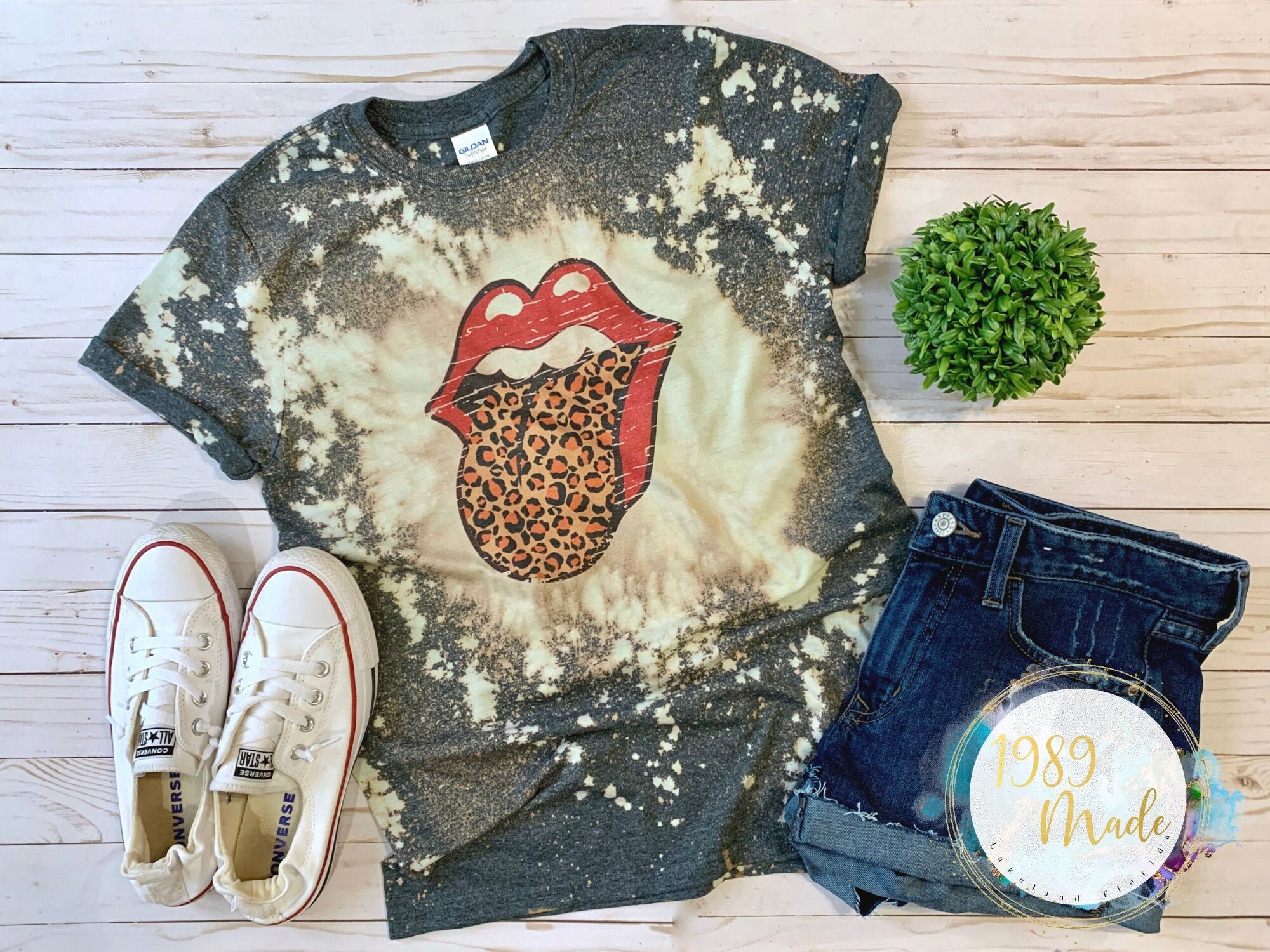 Vintage Bleach Dyed Rolling Stones shirt, Red Lips Leopard Print shirt