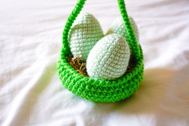 Easter Basket and Eggs Decoration Green, Crocheted Easter Eggs, Knit Easter Eggs image 2