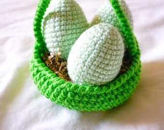 Easter Basket and Eggs Decoration Green, Crocheted Easter Eggs, Knit Easter Eggs