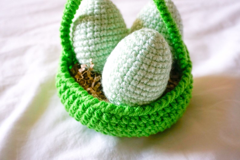 Easter Basket and Eggs Decoration Green, Crocheted Easter Eggs, Knit Easter Eggs image 1