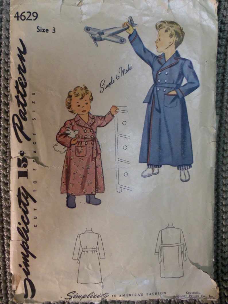 Vintage 1943 Simplicity CHILD'S ROBE Pattern Size 3 Etsy