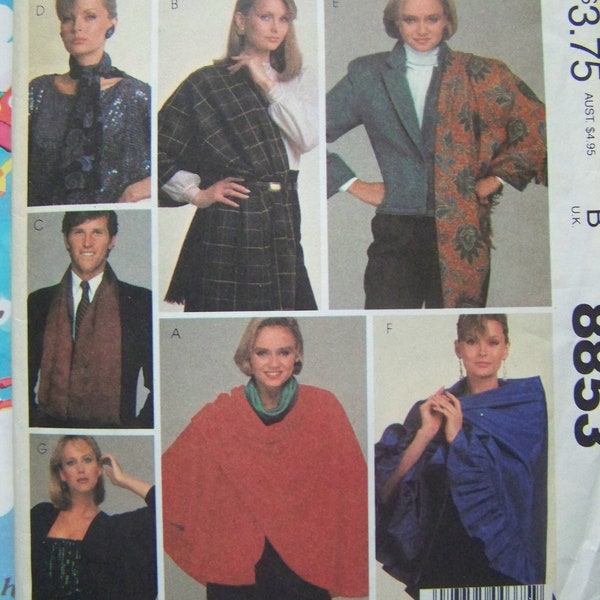 Vintage 1980s Very Easy McCall's 8853 CAPE, Cover-up, FRINGED Shawls and Scarves Pattern ONE Size UNcut