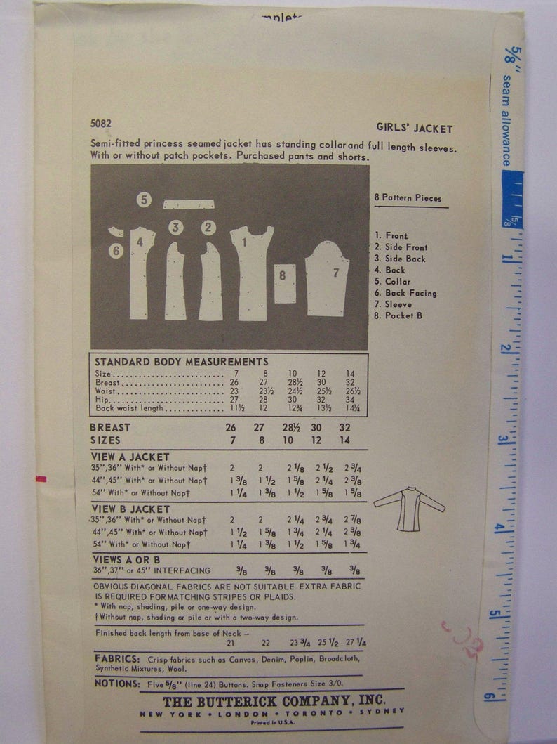 FAB Vintage 1960s Butterick 5082 Girl/'s NEHRU JACKET pattern size 10 Complete