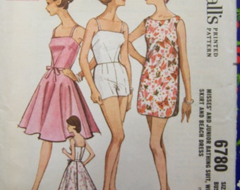 Vintage 1963 McCall's 6780 BATHING SUIT Wrap Skirt & Beach Dress Pattern sz 12 Bust 32 COMPLETE