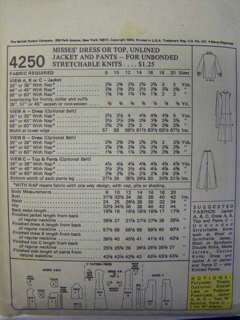 VINTAGE 1970s Mccall's 4250 Jacket Dress Pants & Top - Etsy