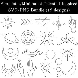 Puede incluir: Un conjunto de 19 diseños SVG y PNG inspirados en lo celestial. Los diseños son minimalistas y presentan varios elementos celestiales, incluyendo estrellas, lunas, planetas y manos.