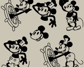 Handdrawn Steamboat Willie PNG Bundle, Nostalgic Cut File, Backgroundless 1928 Public Domain