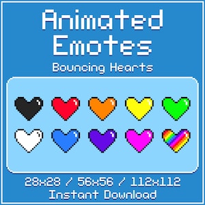 以下が含まれることがあります： 黒、赤、オレンジ、黄、緑、白、青、紫、ピンク、虹色のアニメーションで跳ねるハートの絵文字。絵文字は28x28、56x56、112x112の異なるサイズです。すぐにダウンロードできます。