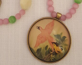 Pink Bird Necklace with Lime and Cream Beads Ornithologists, Tourists, and Animal Lovers will look stunning in this flirty piece