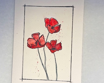 Hand Painted Poppy Greeting Card | Watercolor & Ink  | Signed Botanical Card