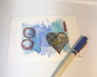 Blue Heart Watercolor Card: Mixed Media Heart, Handmade and Blank Inside, (5x7)