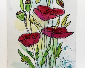 Handmade Poppy Greeting Card | Watercolor Floral  | Blank NoteCard | Botanical Card |