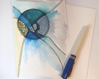 Hand-Painted Watercolor Card: Blue and Green Geometric Ink Design (5x7)