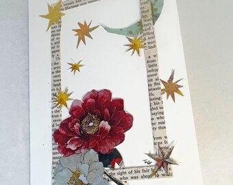 Handmade Celestial Greeting Card | Moon & Wildflower Collage | Vintage Book Page Art  | Blank Botanical Card