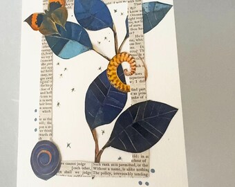 Blue Leaf and Butterfly Collage Card: Vintage Text Botanical Art