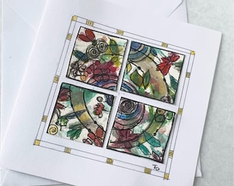 Abstract Floral Collage Card : Hand Painted Watercolor, Botanical Art (5x7 Blank Inside)