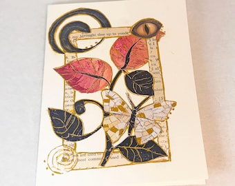 Hand Collaged Gothic Moth  - Gold Ink Mixed Media Art Card - Blank Greeting Card