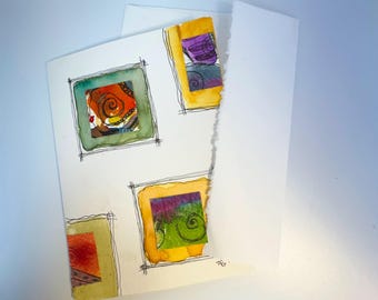 Handmade Abstract Watercolor Collage Card, Geometric Mixed Media Art (5x7)