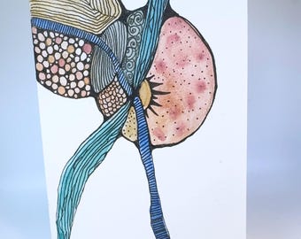 Hand Painted Art Card: Green and Red Abstract Botanical, 5x7, Blank Inside