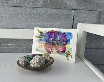 Hand Painted Watercolor Art Card  with Matching Envelope Whimsical Flower Suitable for Framing