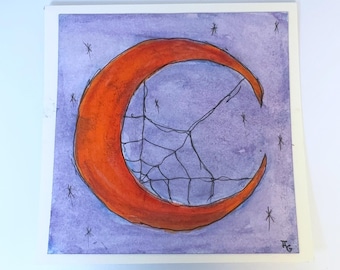 Halloween Crescent Moon Card, Hand-Painted Watercolor, Spiderweb Night Sky, Blank 6x6 Card