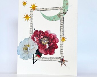 Moon and Stars Mixed Media Art - Handmade One Of A Kind Card