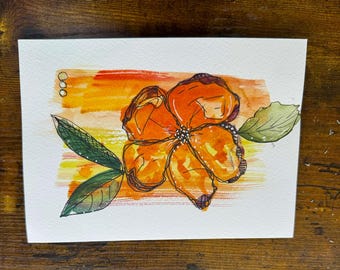 Orange Blossom Watercolor - Handmade Floral Note Card - Blank Greeting Card