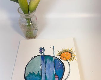 Hand Painted Earth Sun Watercolor Card: Celestial Abstract Art (5x7 Blank)