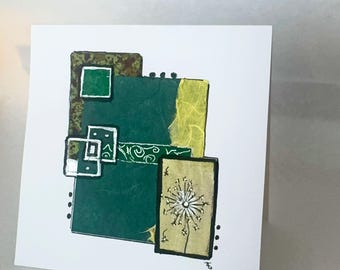 Dandelion Collage Greeting Card: Green & Gold, Handmade, 5x7 Blank Inside