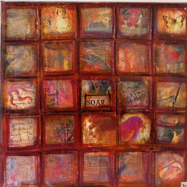 Original Collage Art: Mixed Media Grid Collage in Shades of Brown and Orange