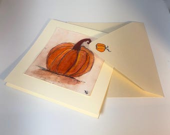 Hand-Painted Watercolor Pumpkin Card, Rustic Fall Greeting (6x6)