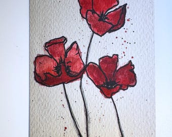 Poppy Watercolor Greeting Card:  4x6  Blank Inside