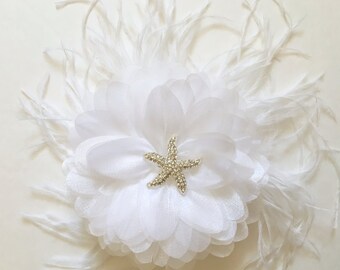 Beach Wedding Headpiece, Beach Bridal Fascinator. White Hair Flower Clip, Feather Fascinator, Destination Beach Wedding