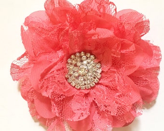 Coral Hair Clip, Chiffon Lace Flower Hair Clip, Peach Pink Flower Girl Hair Clip, Wedding Hair Accessories,