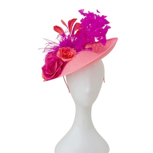 Hot Pink Orange Coral Fascinator Hat, Kentucky Derby Hat, Orange Coral Pink Feather Fascinator Hat, Church Hat Wedding Hat, Tea Party Hat