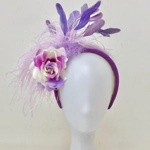 Lavender Feather Fascinator Headband: Lilac Rose, Velvet Padded