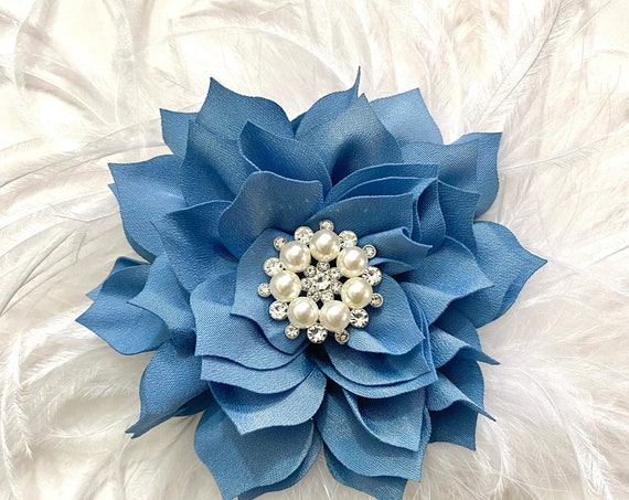 Blue Dusty Blue Nautical Blue Faded Blue Flower Feather Fascinator, Kentucky Derby Hat Fascinator, Wedding Bridal Flower Feather Hair piece,