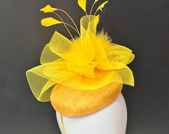 Yellow Derby Hat,Hot Pink Pink Derby Hat Fascinator Headband, Viva Magenta Deep Pink, Black Feather Fascinate Hat, Easter Church Wedding Hat