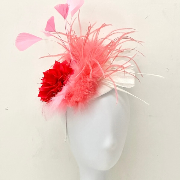 Pink Coral White Derby Fascinate Hat, Bright Pink Coral Derby Hat Headband, Easter Parade Hat, Church Hat, Pink Coral Feather Derby Hat