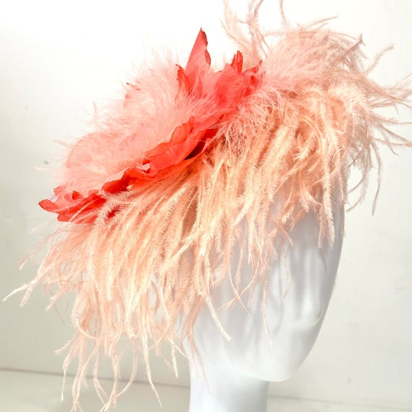 Coral Kentucky Derby Fascinator Headband, Ready to Ship,  Blush Fascinator Headband, Coral Peach Pink Feather Hat Fascinate Hat Headband,