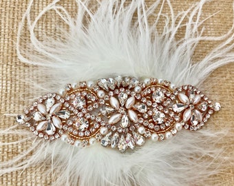 Feather Crystal Bridal Headpiece, Rose Gold Appliqué, Gold Art Deco Feather Hairpiece, 1920's Gatsby Clip, Wedding Headpiece, Vintage Style