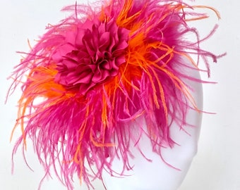 Pink Orange Feather Fascinator Hat, Kentucky Derby Fascinator Hat, Feather Fascinator,Pink Green, Pink Orange, Custom Feather Fascinator Hat