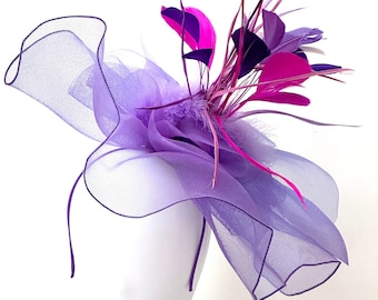 Lavender Lilac Pink Kentucky Derby Hat Fascinator Headband, Pink Navy White Big Derby Hat, Wedding Hat, Garden Party Church Hat, Feather Hat